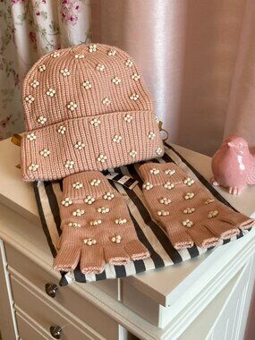 Lele Sadoughi powder pink embellished hat and fingerless gloves set